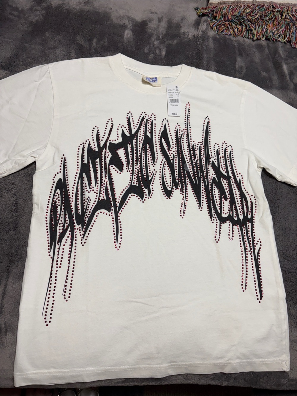 PacSun White Short Sleeve Graphic Tee with Black & Red Drip Design